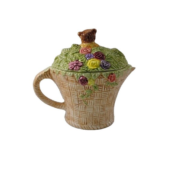 Vintage Teddy Bear Cubs Teapot Floral Basket Roses Ceramic Novelty 7" x 6.5" - Picture 3 of 9